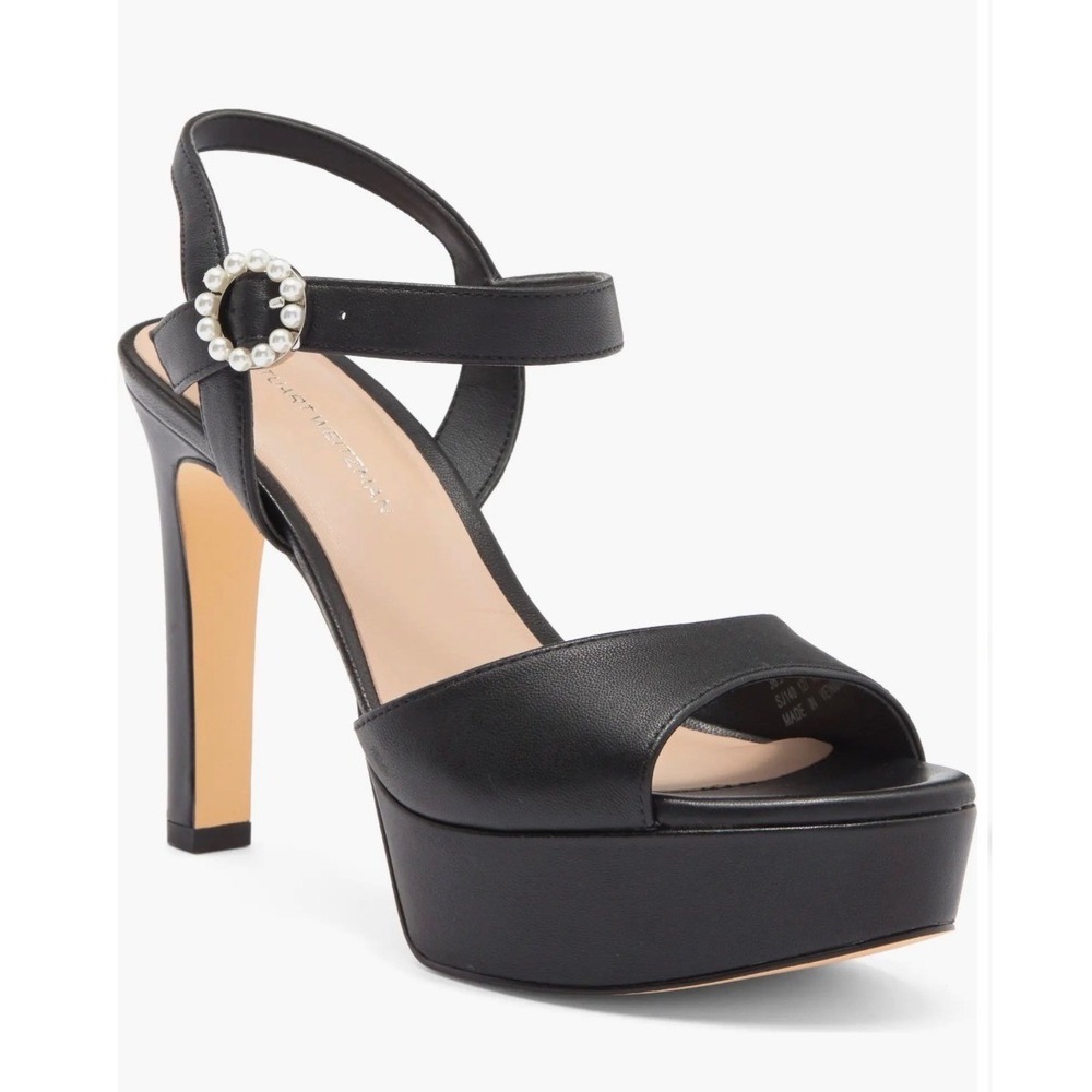 New! Stuart Weitzman Piper 110 Black Leather Pearl Platform Sandals Size 9
